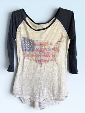 Miss Me USA Map License Plate Paper Thin Burnout Raglan Top S Y2K